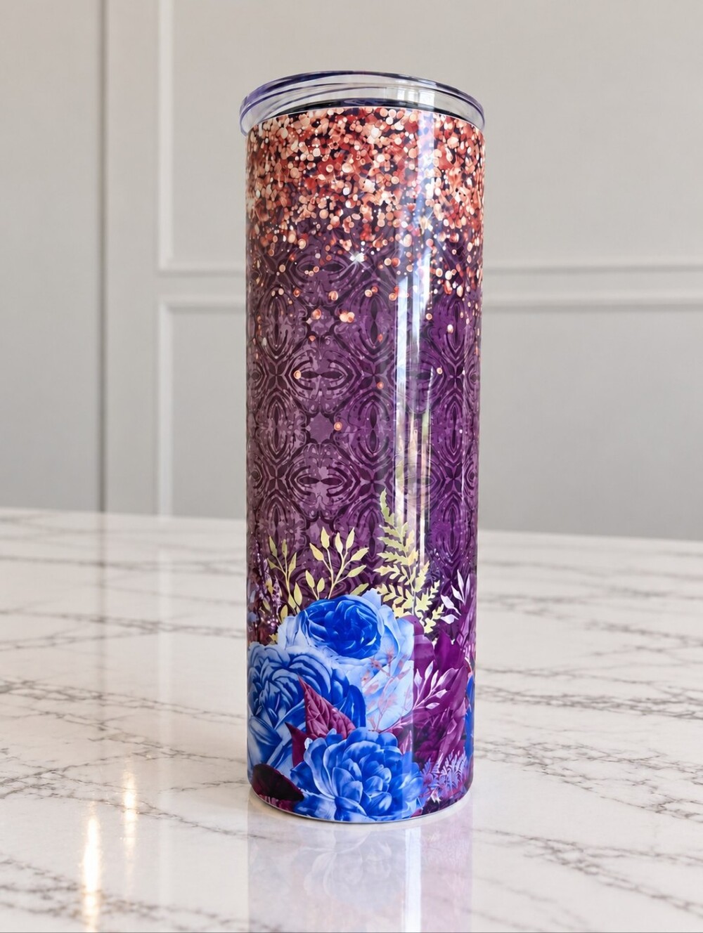 Purple Floral Stainless Tumbler with Clear Lid